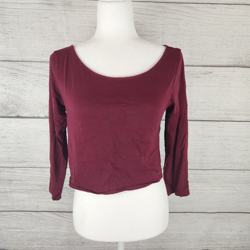 American Eagle Burgundy Lace Cross Back Long Sleeve Crop Top